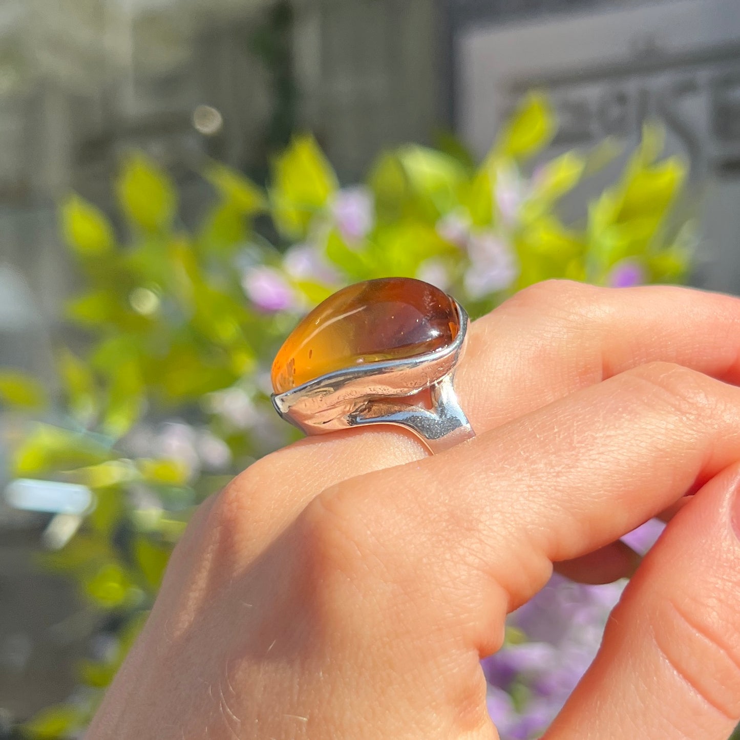 Super Chunky Sterling Silver Orange Amber Ring - Adjustable Size