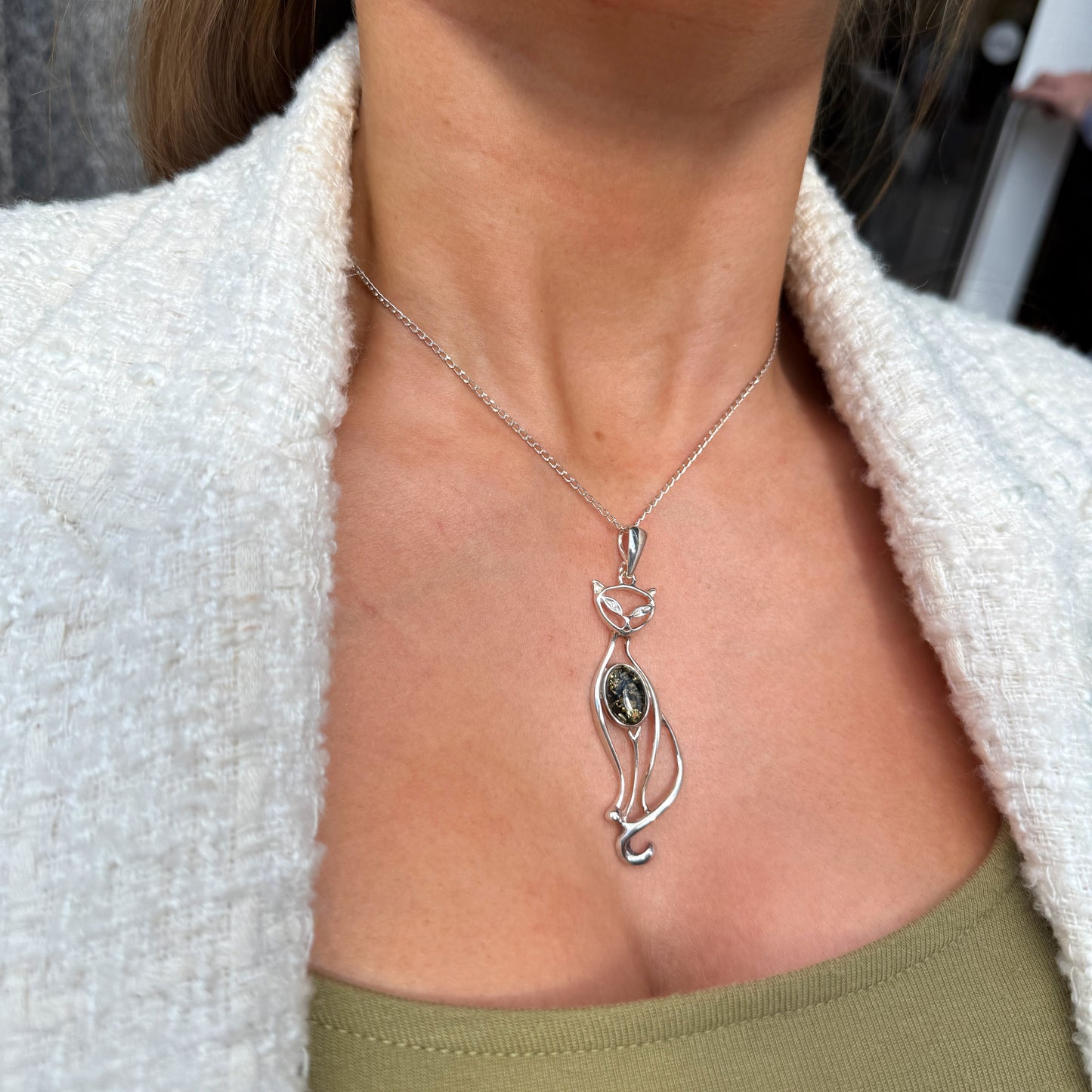 Green Amber Stylised Cat Sterling Silver Necklace
