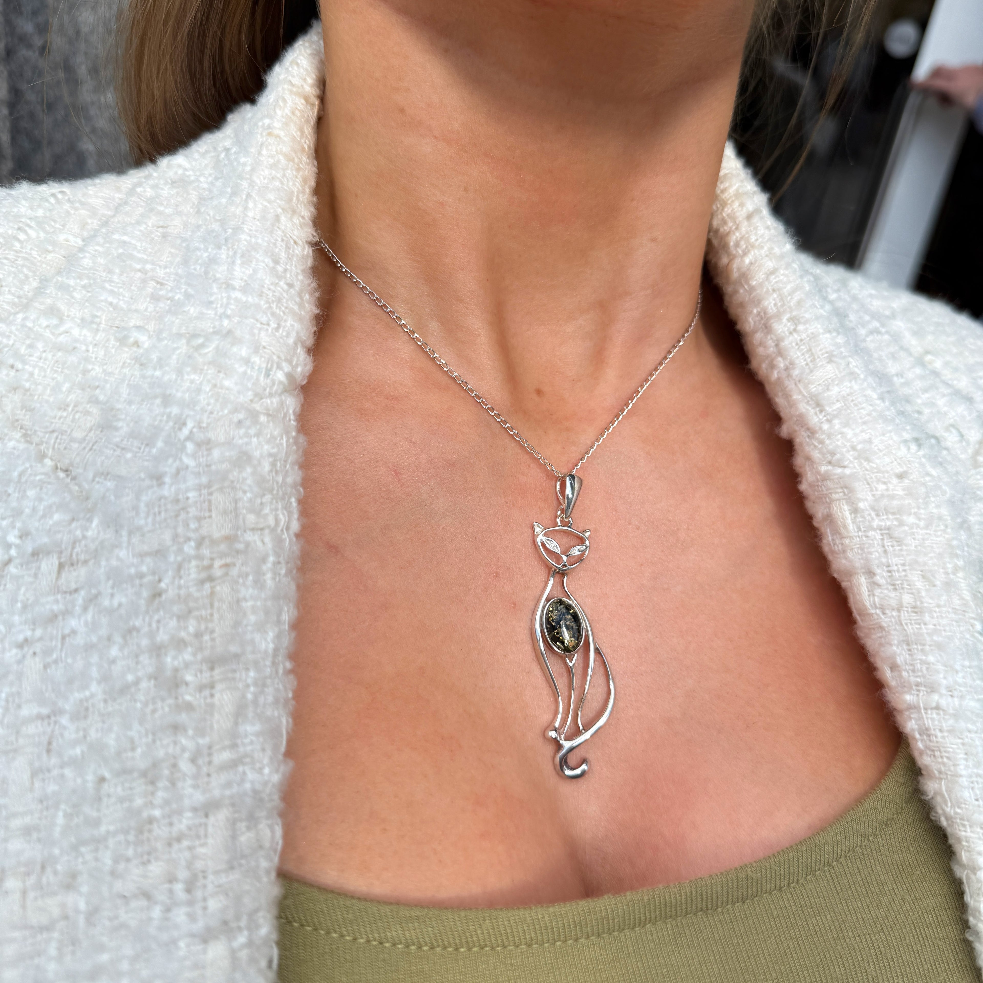 Green Amber Stylised Cat Sterling Silver Necklace