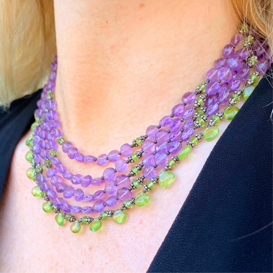 Vintage Inspired Sterling Silver Purple Amethyst & Green Peridot Layered Beaded Statement Necklace