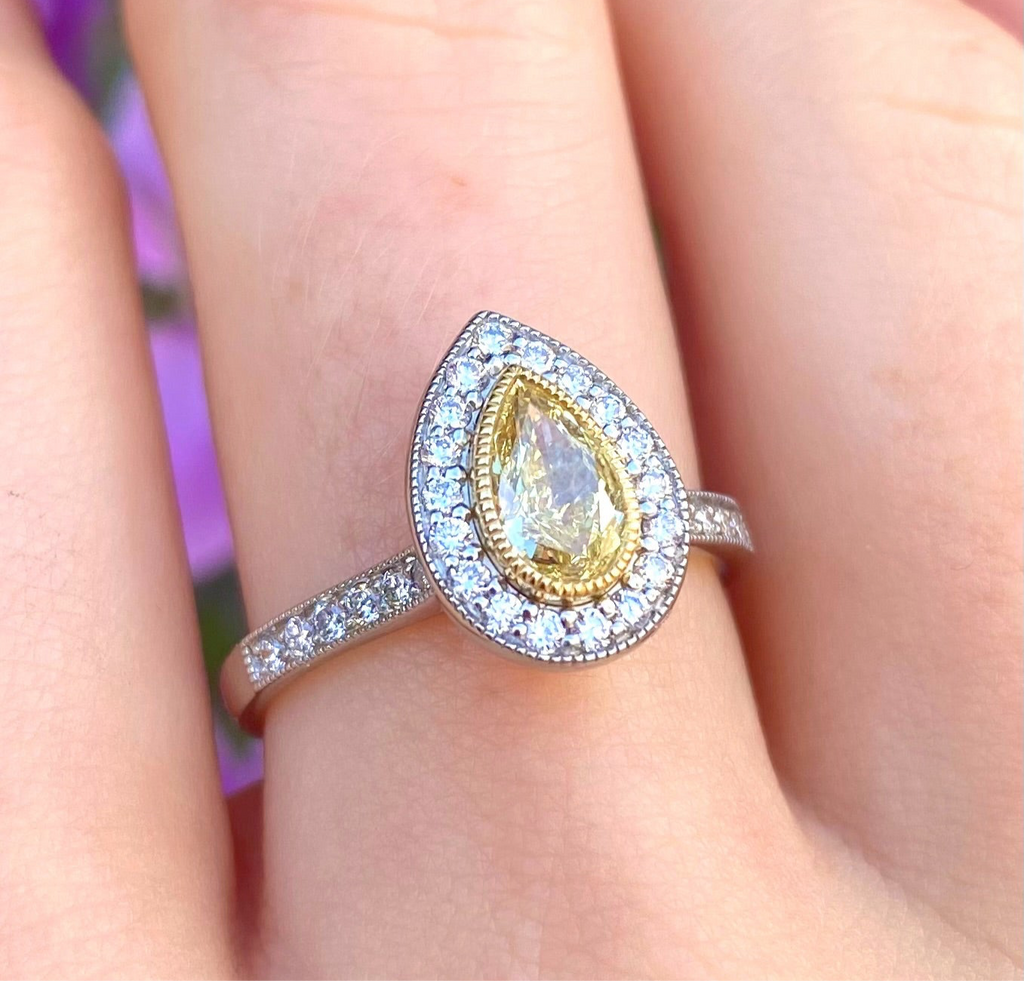 Rare Canary Lemon Yellow Diamond Pear Halo Platinum Ring | Size M