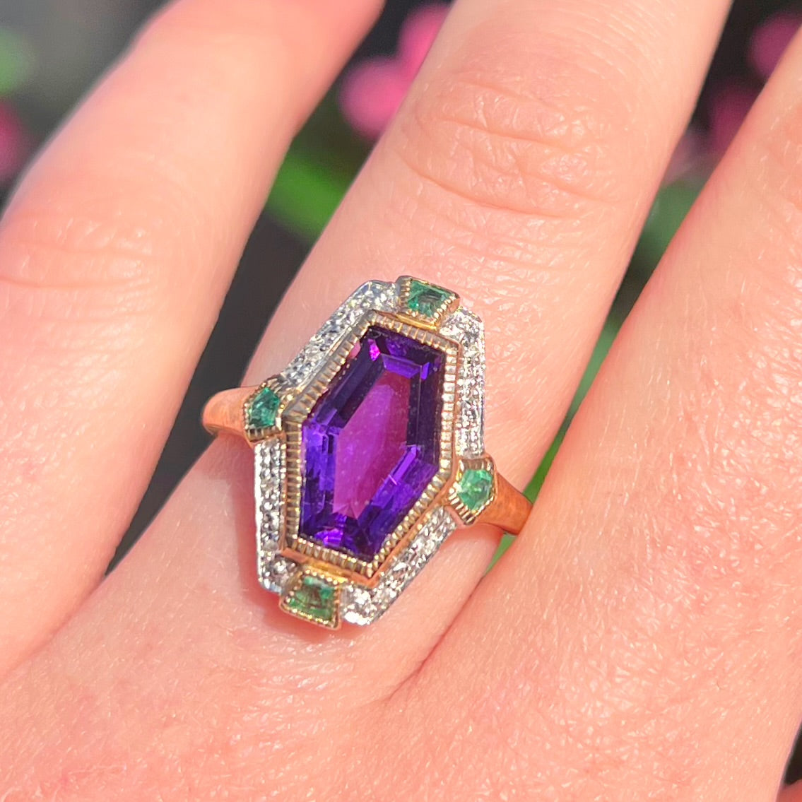 Art Deco Reproduction Amethyst Emerald and Diamond 9ct Yellow Gold Ring | Size N