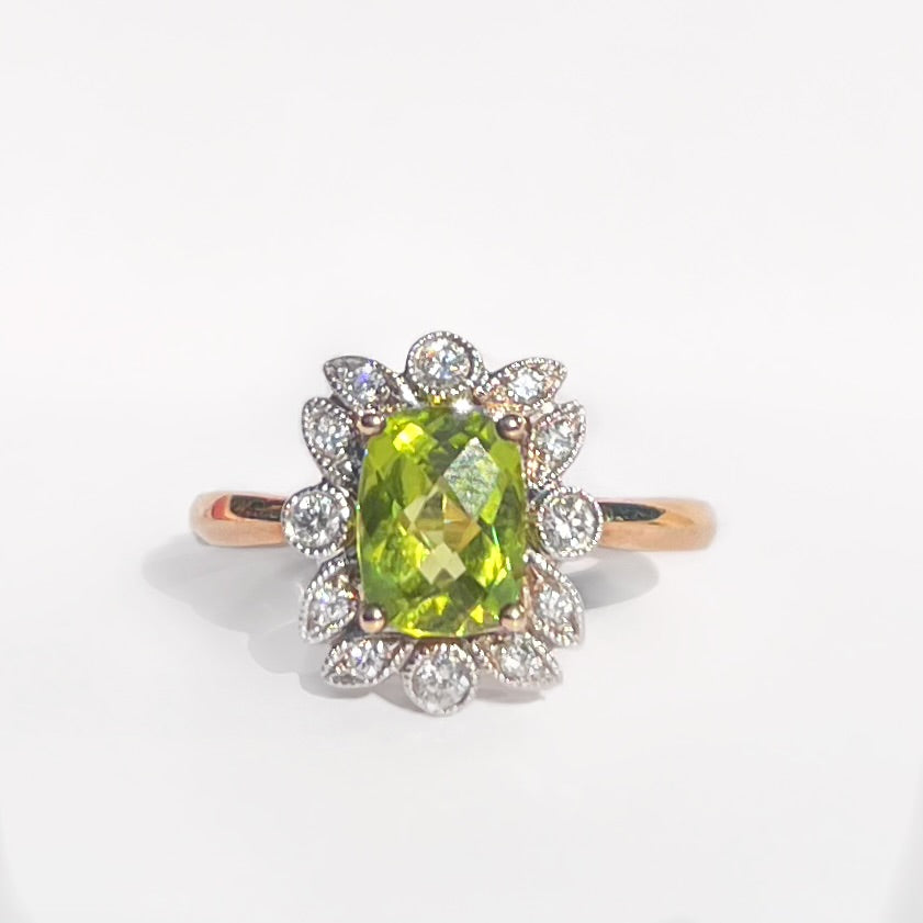 Nature Inspired Peridot and Diamond 9ct Yellow Gold Ring | Size N