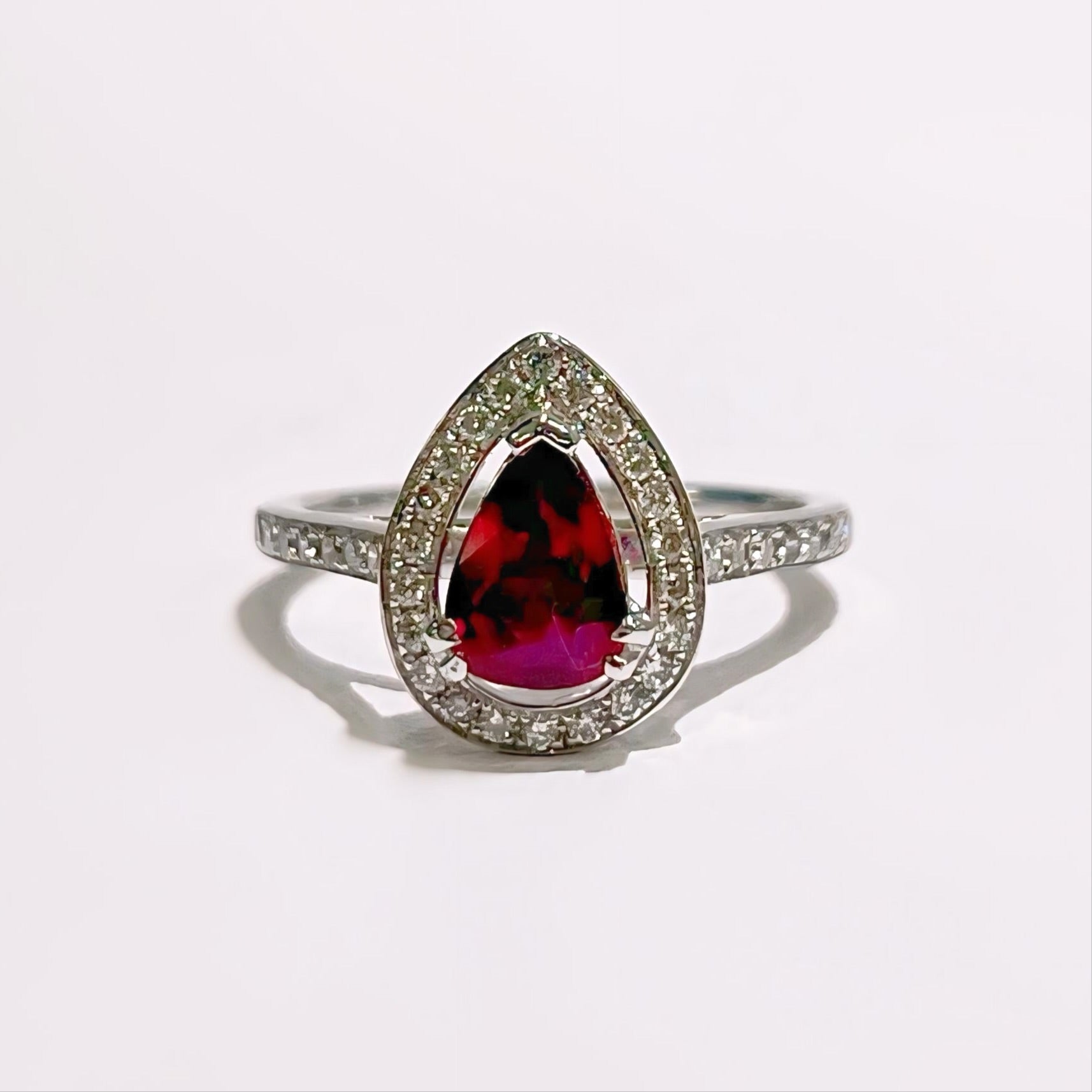 Ruby and Diamond Pear Shaped 18ct White Gold Ring | Size N