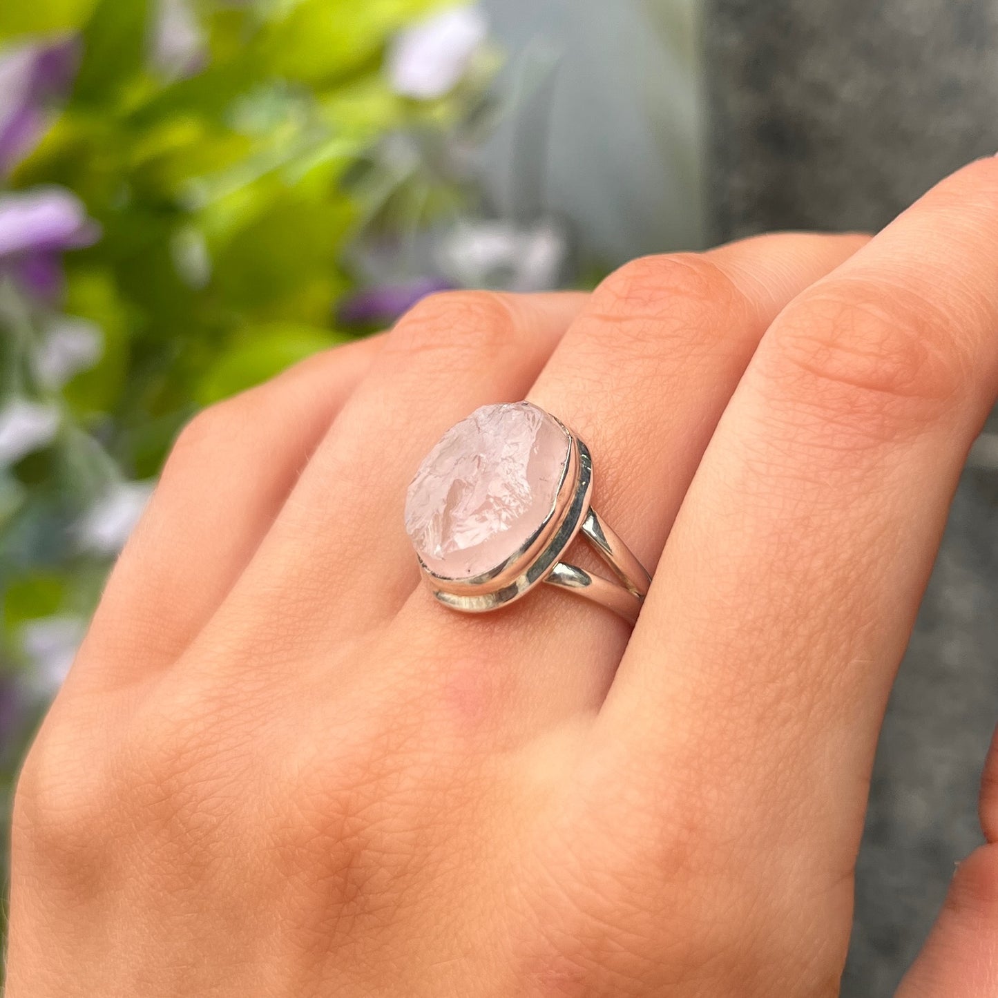 Sterling Silver Rough Oval Cut Pink Rose Quartz Ring - Size M