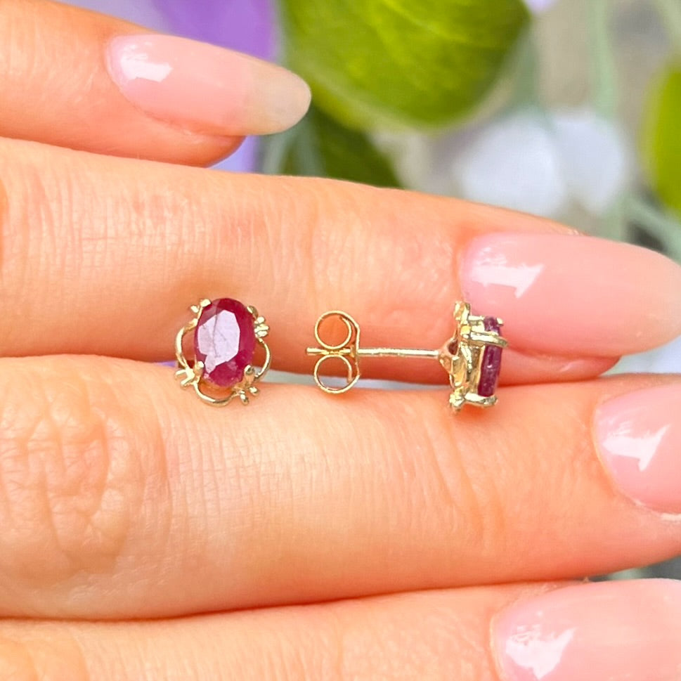 Pink Ruby Oval Cut 9ct Yellow Gold Dainty Stud Earrings