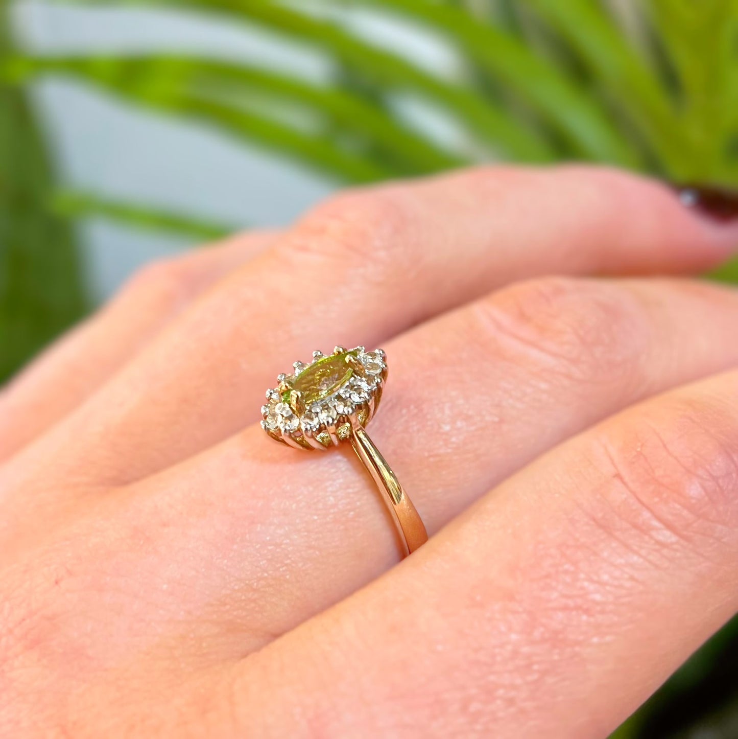 RESERVED | Vintage 9ct Yellow Gold Marquise Peridot and White Topaz Cluster Ring - Size N