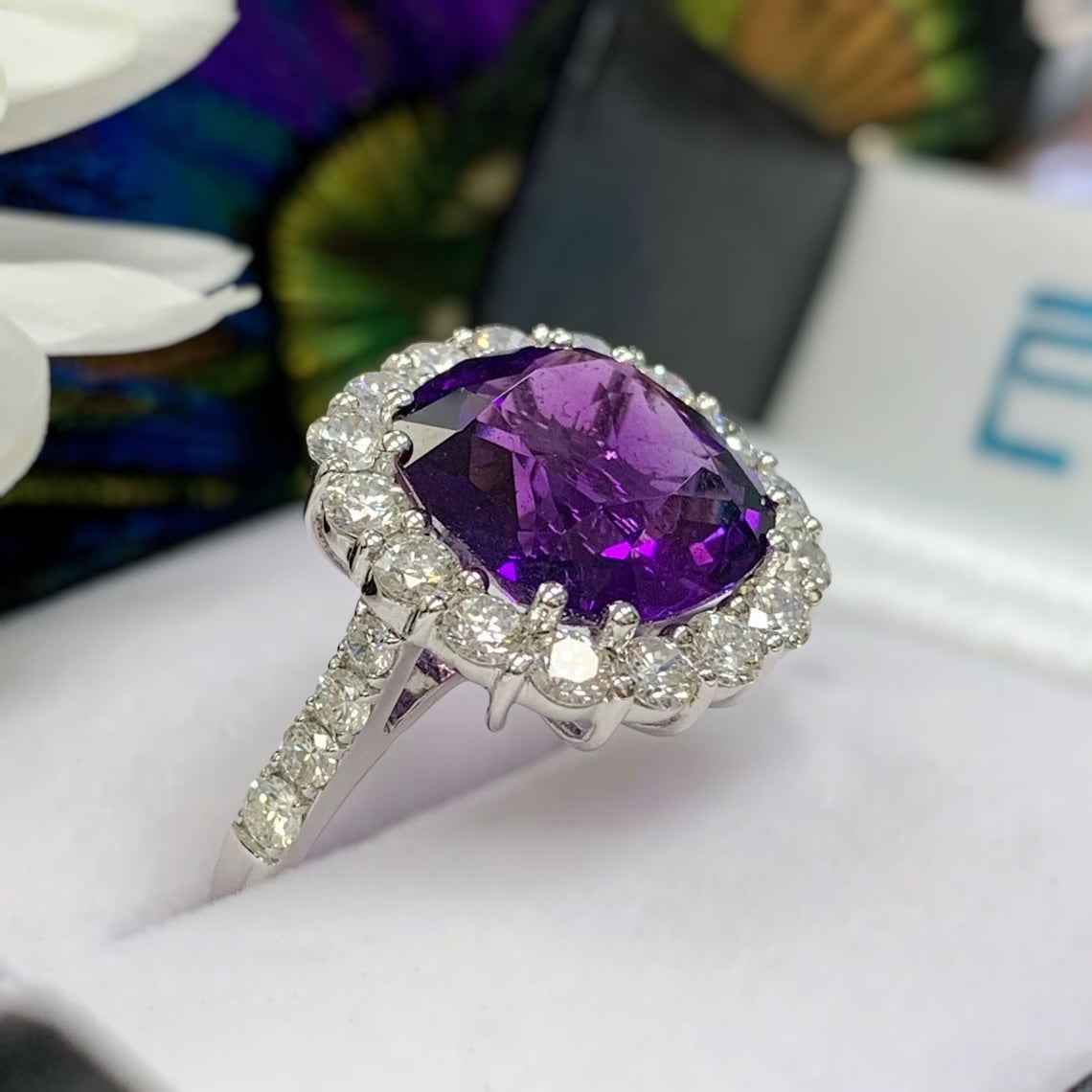 'Elizabeth' Ring - Spectacular 18ct White Gold Amethyst and Diamond Statement Dress Ring – Size N 1/2