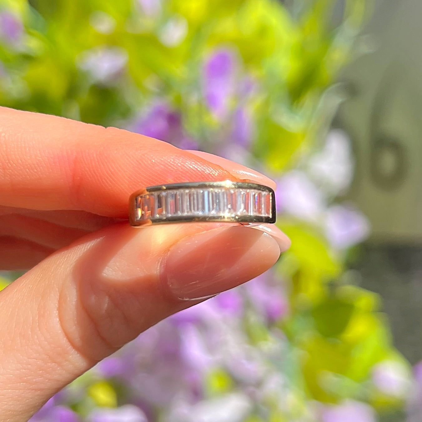 9ct Yellow Gold Baguette Cut Tension Set Cubic Zirconia Band Ring - Size N ½
