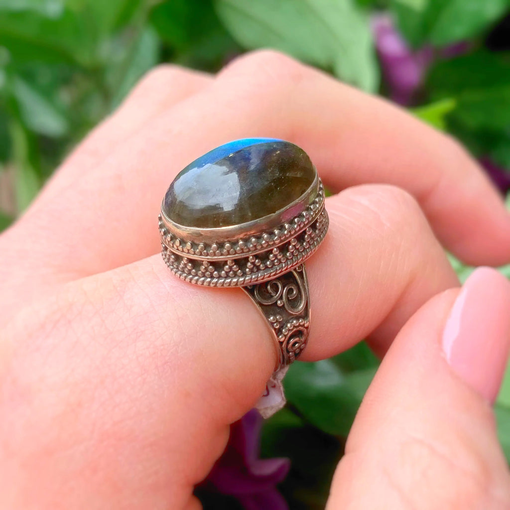 Boho Oval Blue Labradorite Sterling Silver Chunky Ring | Size O ½