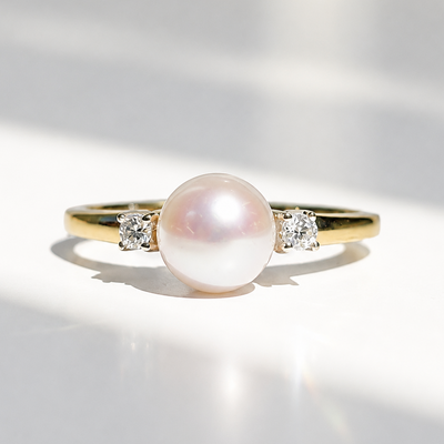 Classic Vintage Pearl and Diamond 9ct Yellow Gold Trilogy Ring | Size O ½