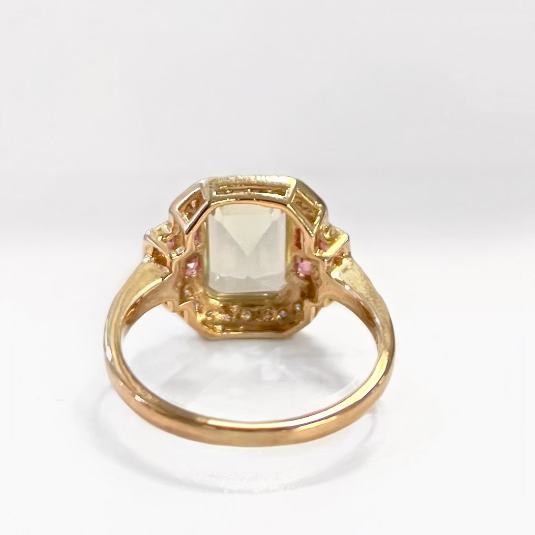 Art Deco Inspired 9ct Yellow Gold Green Amethyst and Pink Tourmaline Ring - Size O ½
