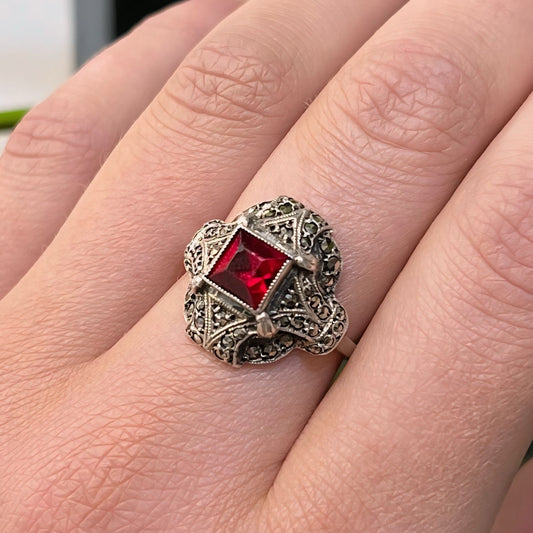 Edwardian 9ct Rose Gold and Silver Marcasite and Red Glass Ring - Size N 1/2