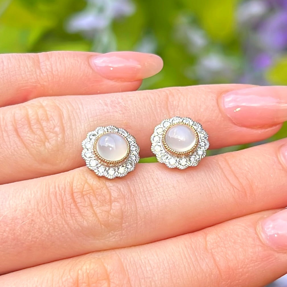 Moonstone and Diamond 9ct Gold Cluster Stud Earrings