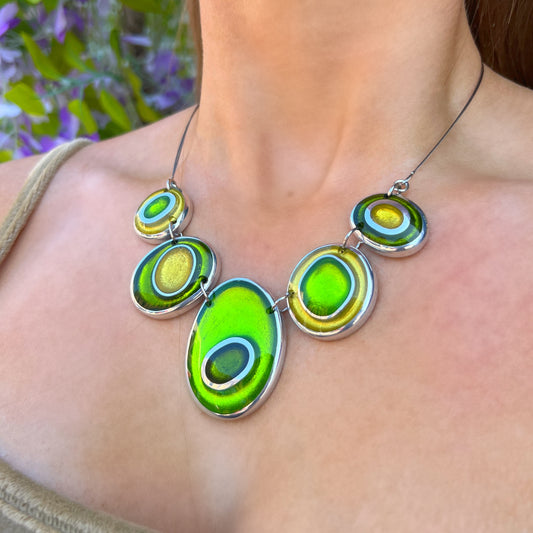 ‘Watch This Space’ Dark & Lime Green Oval Necklace