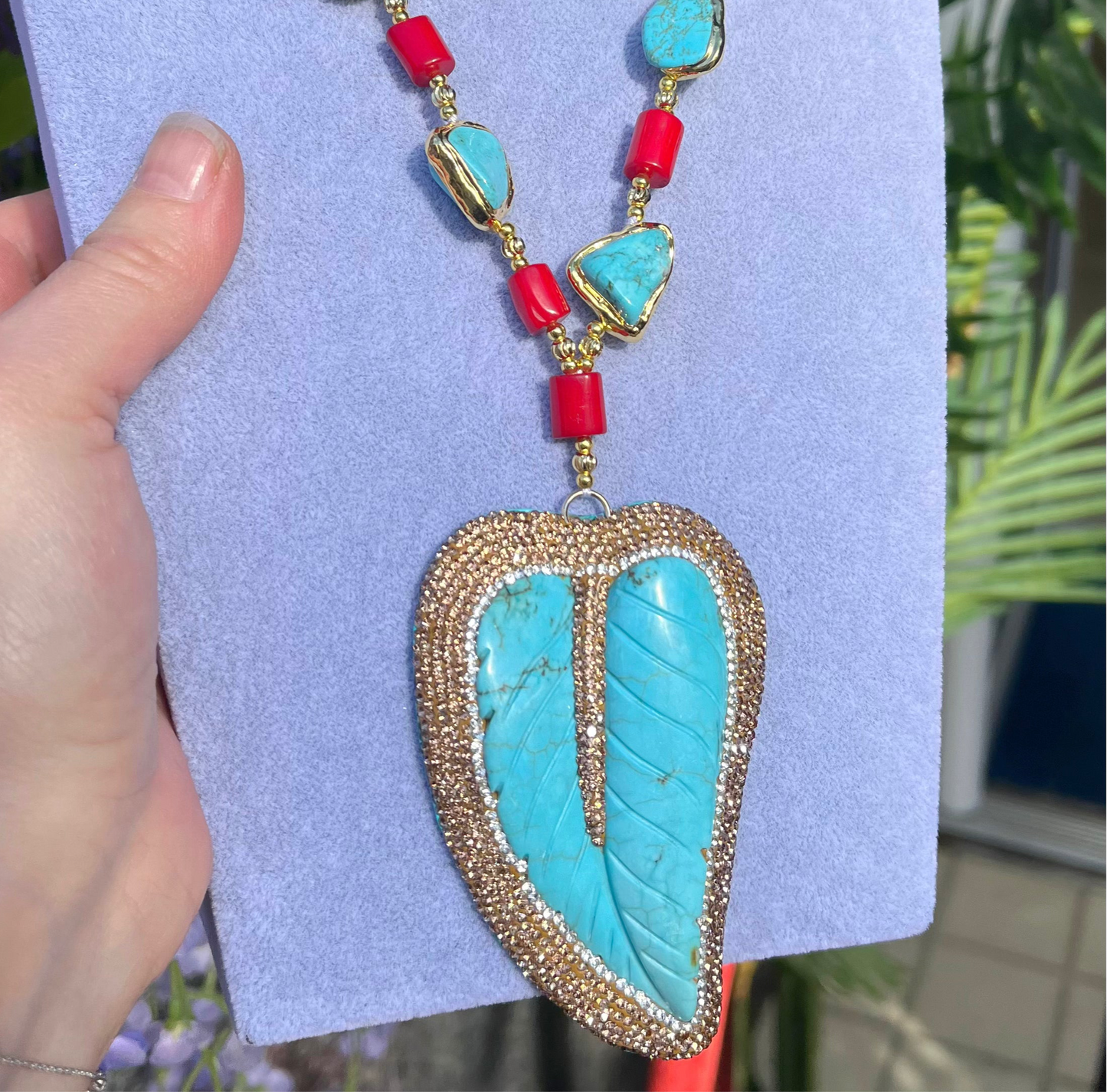 18ct Yellow Gold Plated Chunky Red Coral & Blue Turquoise Maximalist Statement Beaded Leaf Necklace