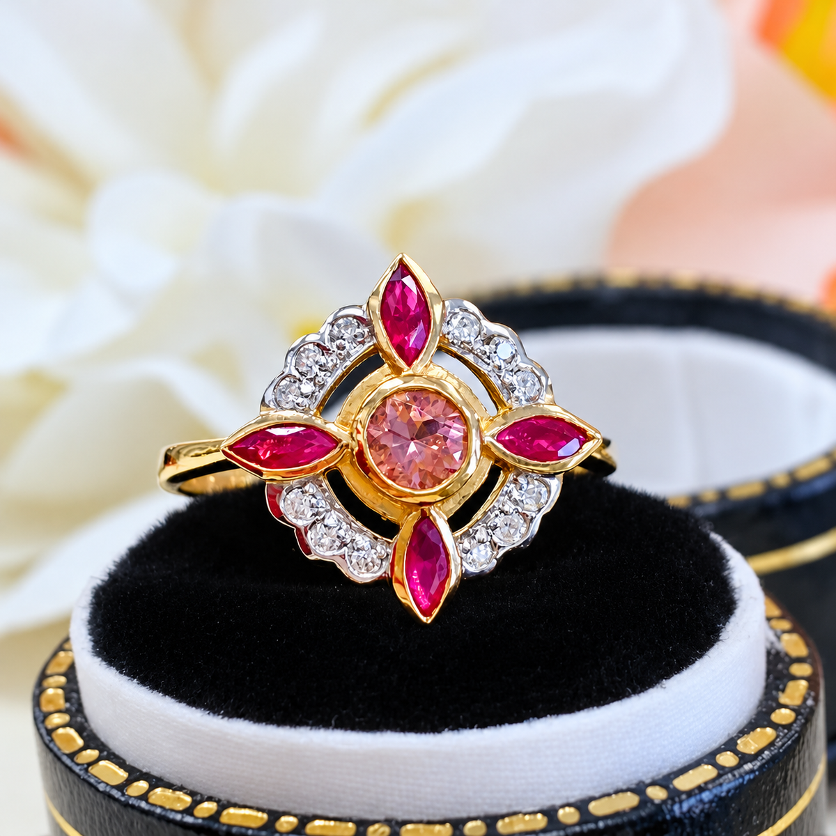 Edwardian Reproduction Pink Tourmaline, Ruby and Diamond 9ct Yellow Gold Ring | Size O