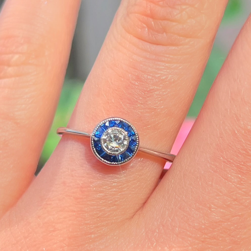Art Deco Inspired Sapphire and Diamond Platinum Engagement Ring | Size N