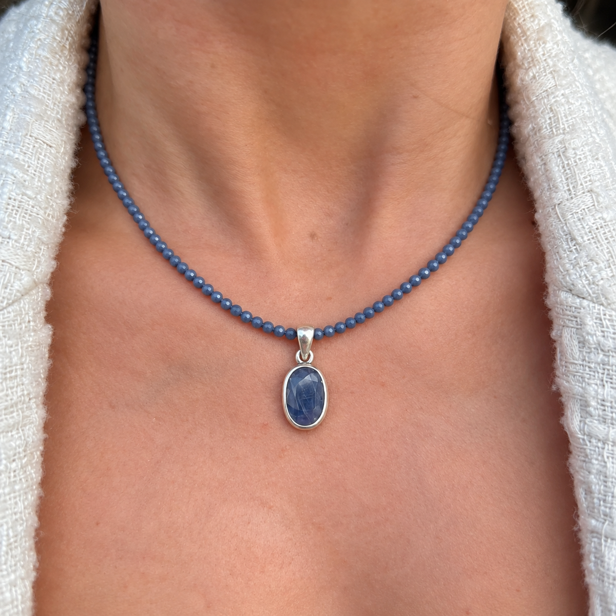 Blue Sapphire Sterling Silver Pendant Beaded Necklace