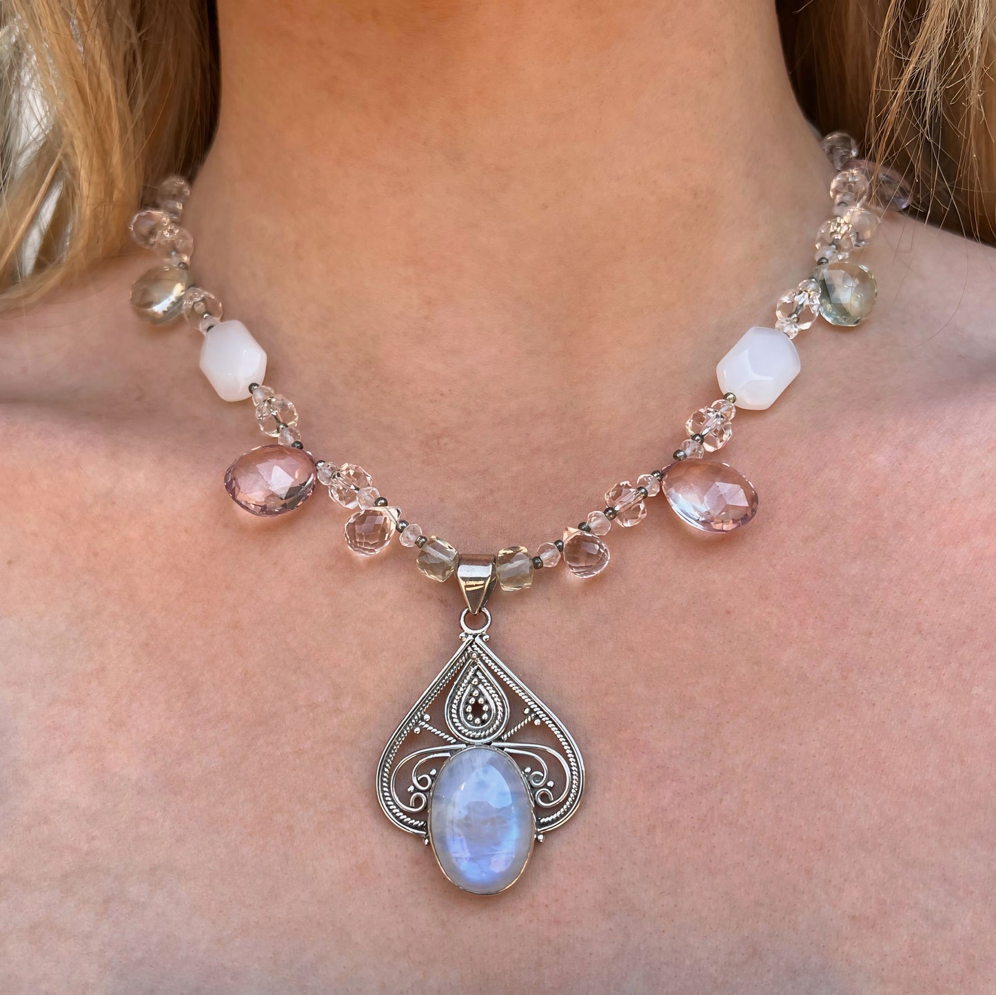 One-of-a-kind Sterling Silver Rainbow Moonstone and Pastel Chunky Gemstone Necklace