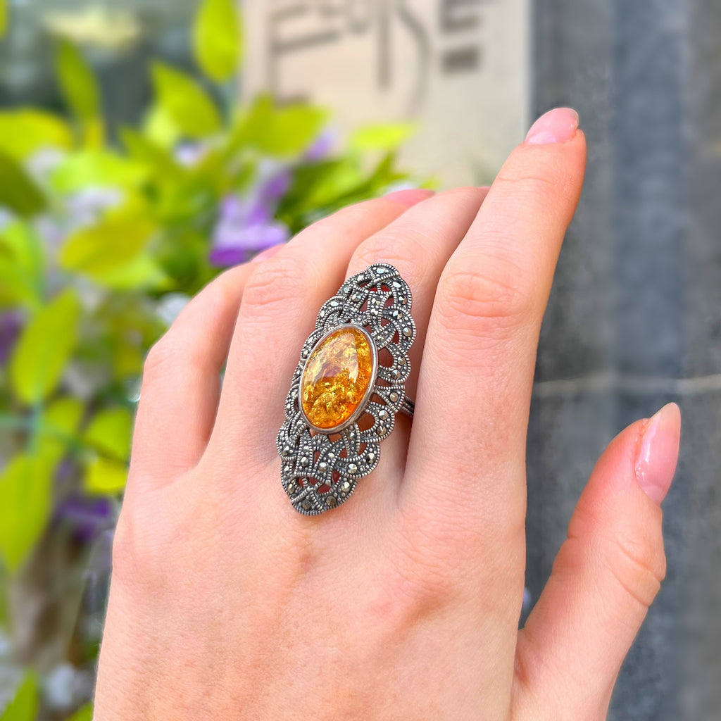 Orange Amber & Marcasite Sterling Silver Ring | Size O ½