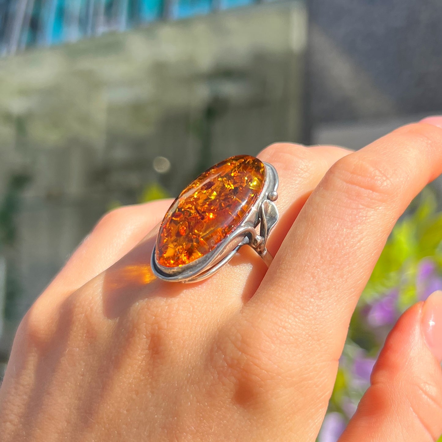 Super Chunky Sterling Silver Orange Amber Ring - Size V