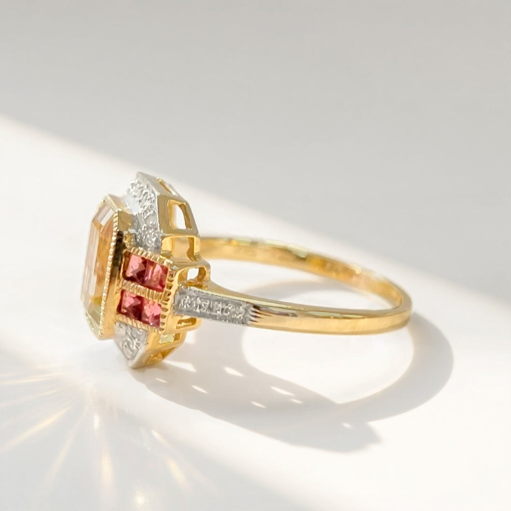 RESERVED | Art Deco Inspired Green Amethyst and Pink Tourmaline 9ct Yellow Gold Ring | Size O ½