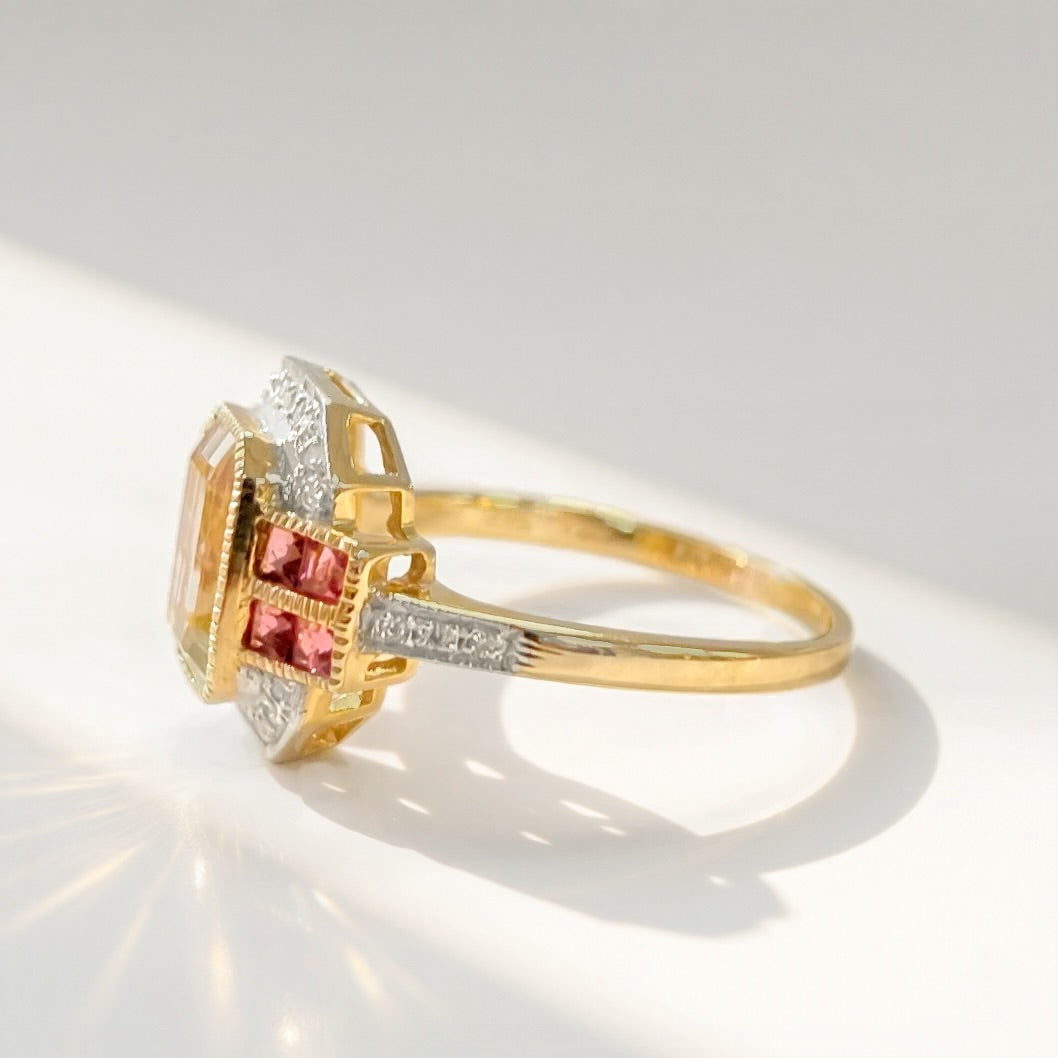 RESERVED | Art Deco Inspired Green Amethyst and Pink Tourmaline 9ct Yellow Gold Ring | Size O ½