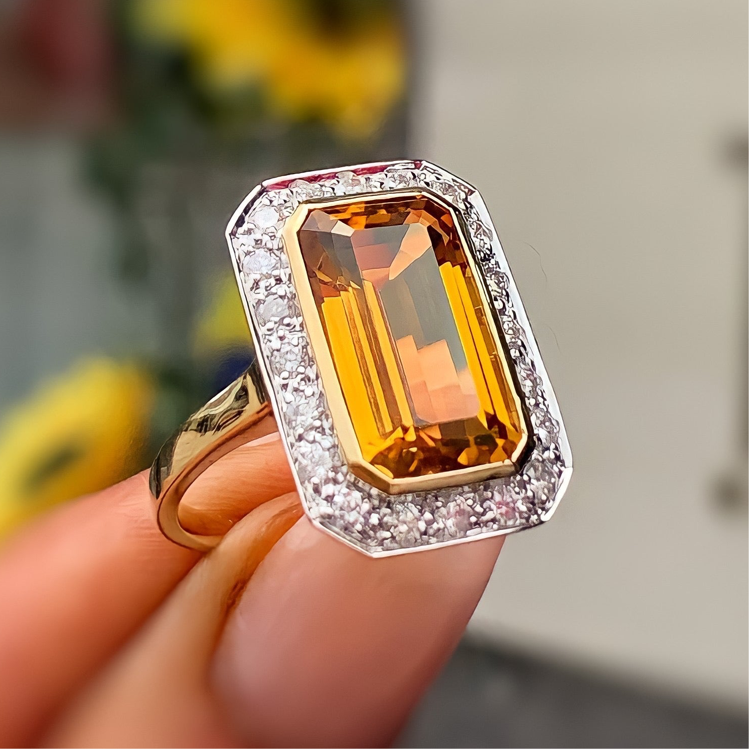 Art Deco Inspired Madeira Citrine and Diamond 9ct Yellow Gold Halo Cocktail Ring | Size N ½