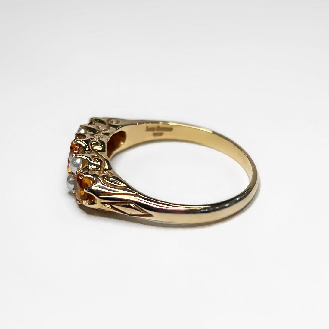 Edwardian Inspired Ornate 9ct Yellow Gold Citrine and Pearl Ring - SIZE O