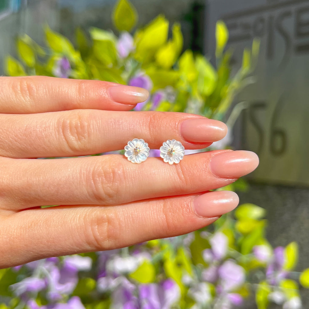 Mother of Pearl & Cubic Zirconia 9ct Gold Plated Flower Stud Earrings