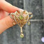 Antique Edwardian Seed Pearl and Peridot 9ct Yellow Gold Brooch/Pendant Lavalier