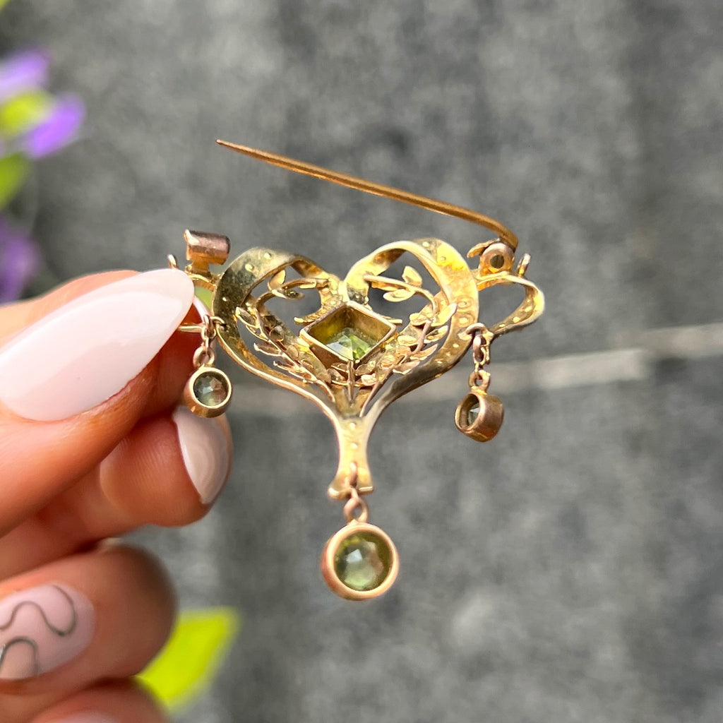 Antique Edwardian Seed Pearl and Peridot 9ct Yellow Gold Brooch/Pendant Lavalier