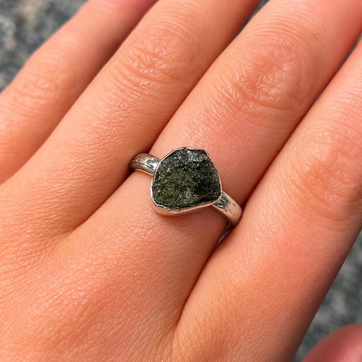 Rough Cut Green Moldavite Sterling Silver Ring | Size N