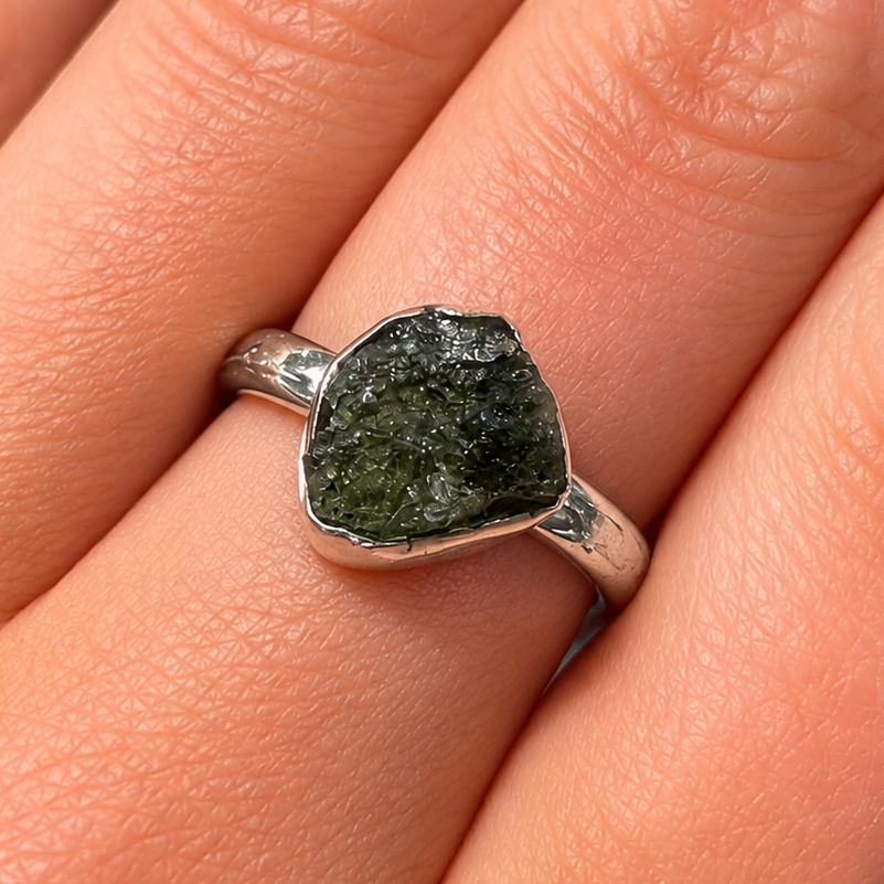Rough Cut Green Moldavite Sterling Silver Ring | Size N