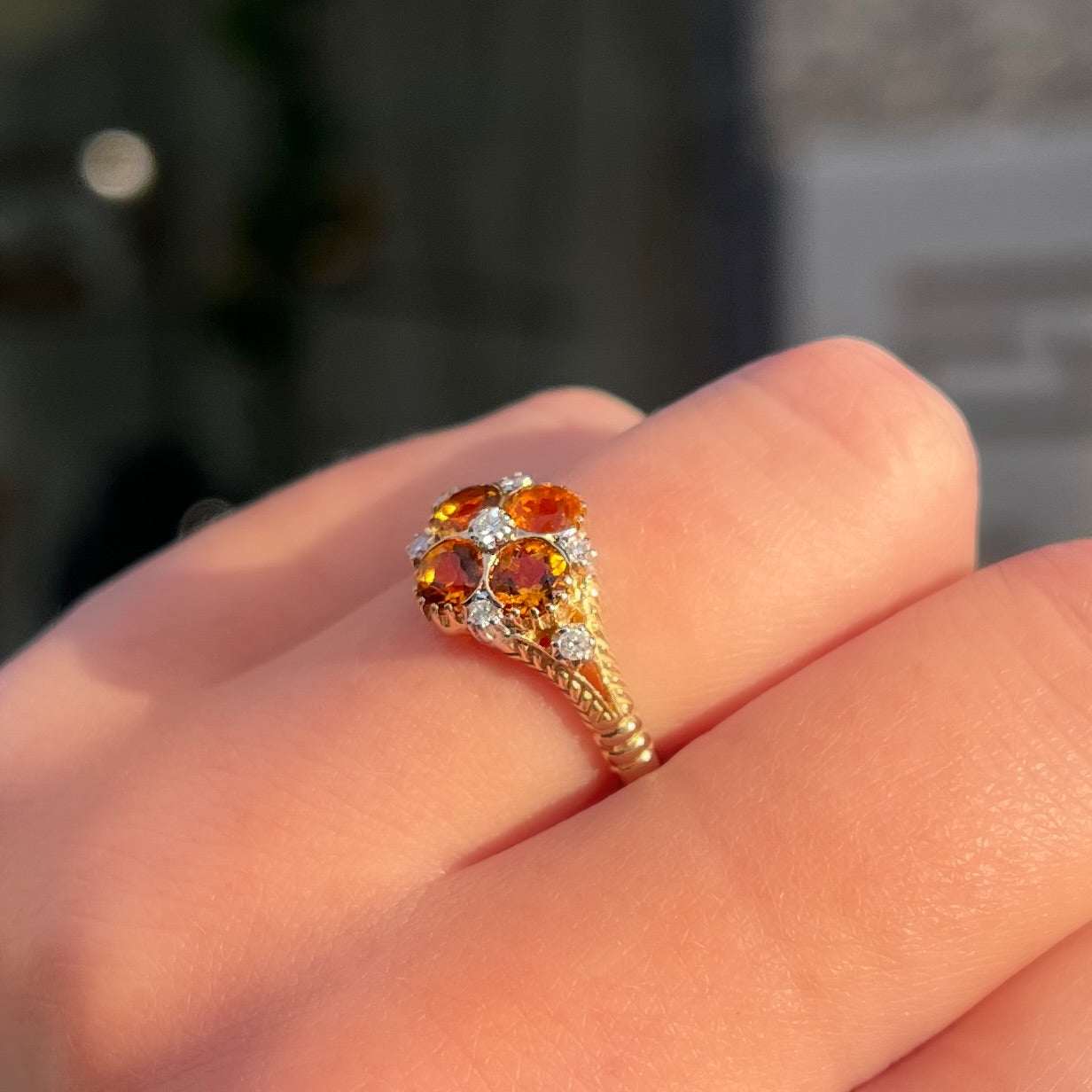 Victorian Inspired 9ct Yellow Gold Citrine and Diamond Forget-me-not Ring - Size M 1/2