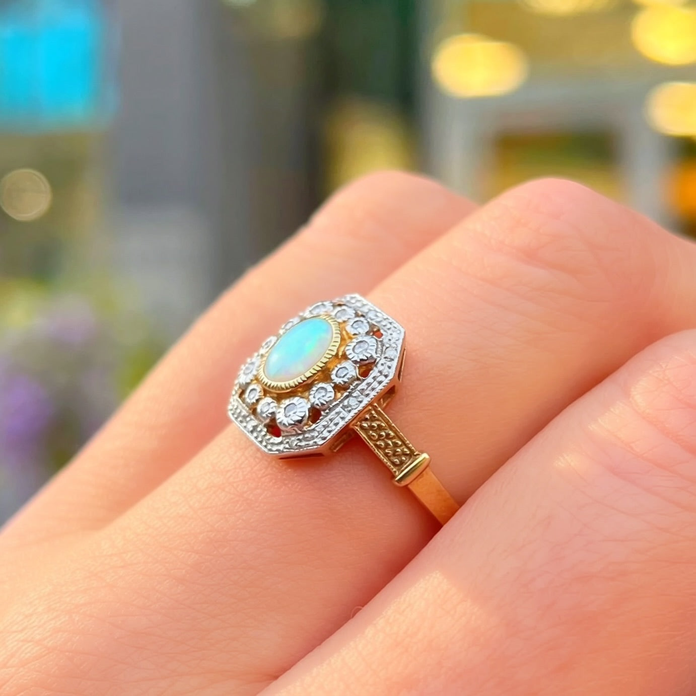 Art Deco Inspired Octagonal Opal and Diamond 9ct Yellow Gold Cluster Ring | Size O