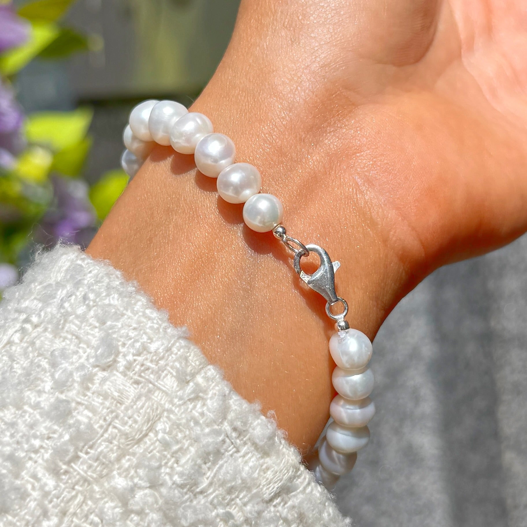White Freshwater Pearl Beaded Sterling Silver Bracelet