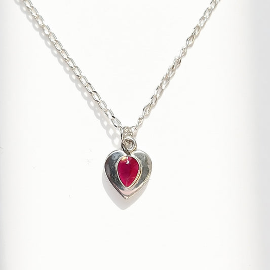 Sweet Sterling Silver Pear-Cut Ruby Heart Necklace