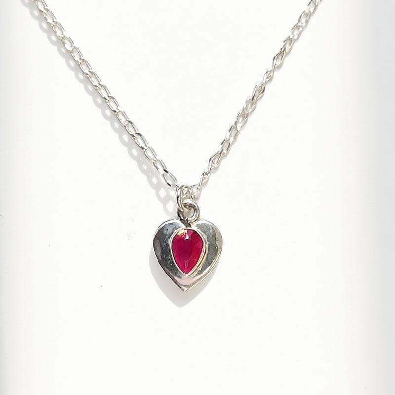 Sweet Sterling Silver Pear-Cut Ruby Heart Necklace