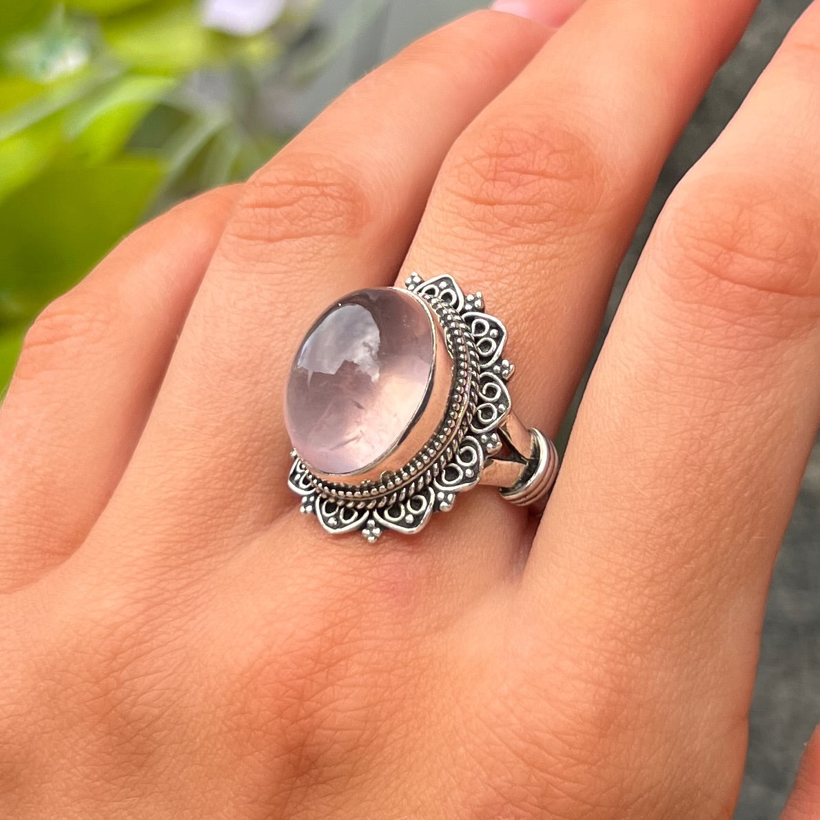 Chunky Bohemian Sterling Silver Cabochon Pink Rose Quartz Ring - Size N