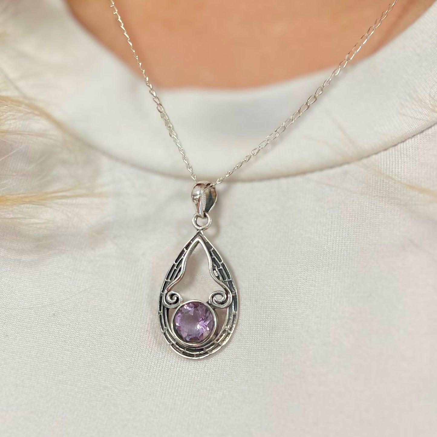Sterling Silver Oxidised Detailed Amethyst Necklace