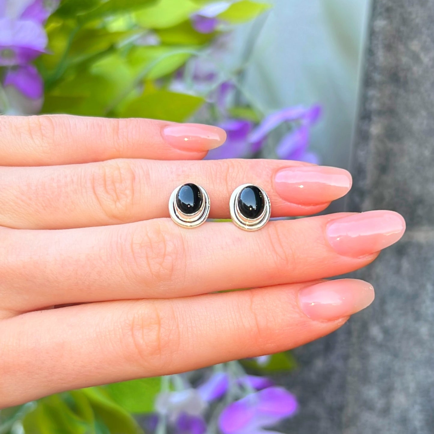 Sterling Silver Black Onyx Oval Stud Earrings