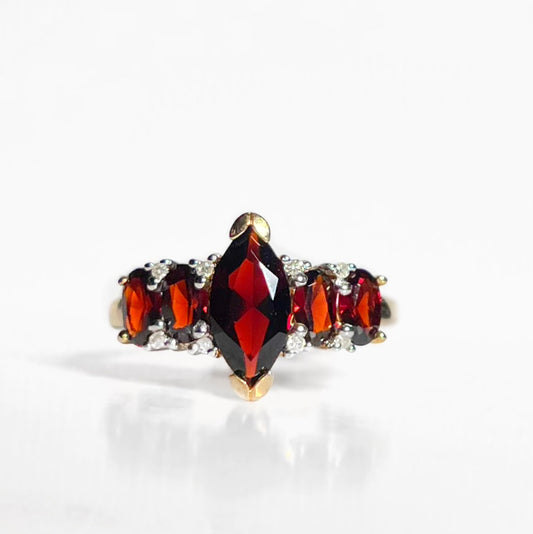 Vintage 9ct Yellow Gold Garnet and Diamond Dress Ring - Size N