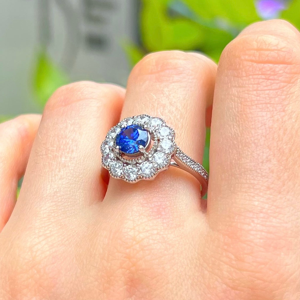 Blue Cubic Zirconia Sterling Silver Halo Ring | Size O ½