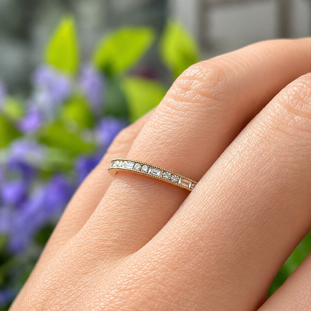 Brilliant and Baguette Cut Diamond 18ct Yellow Gold Half Eternity Ring | Size M ½