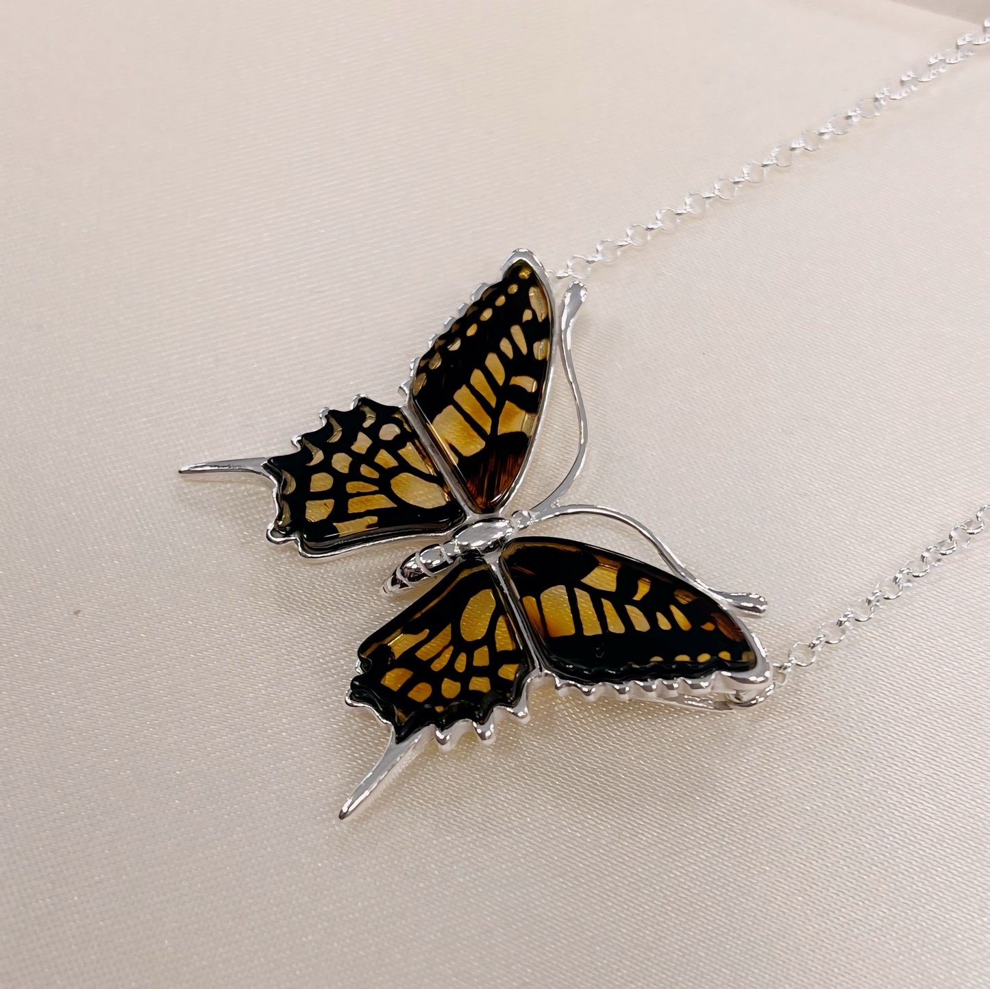 Large Sterling Silver Amber Blue Morpho Butterfly Necklace