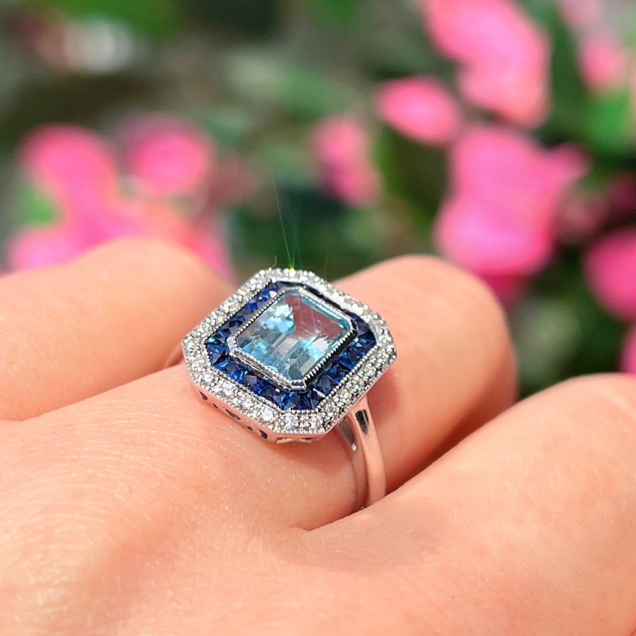 Art Deco Reproduction Blue Topaz, Sapphire and Diamond 9ct White Gold Ring | Size M ½
