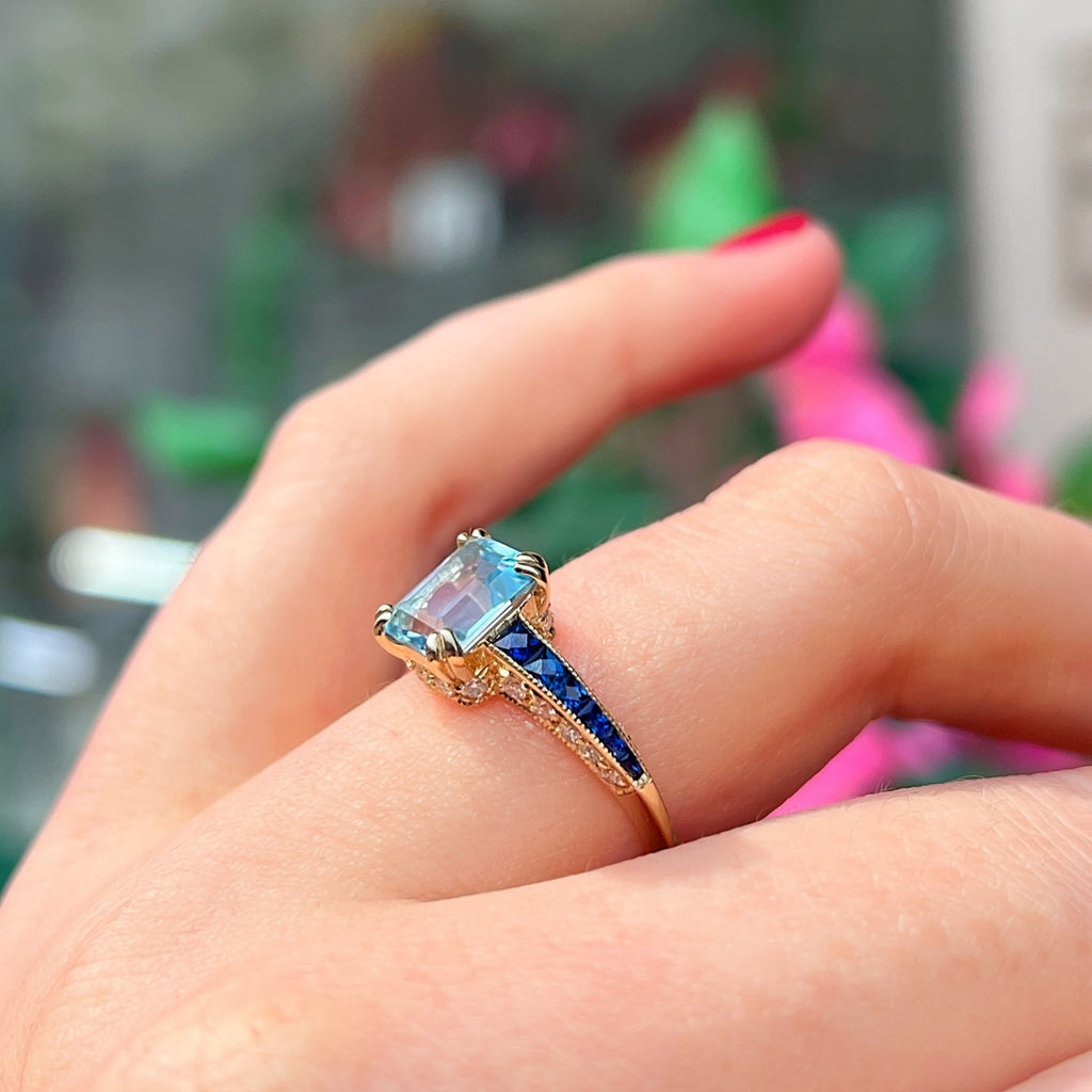 Blue Topaz Sapphire and Diamond 9ct Yellow Gold Engagement Ring | Size M ½