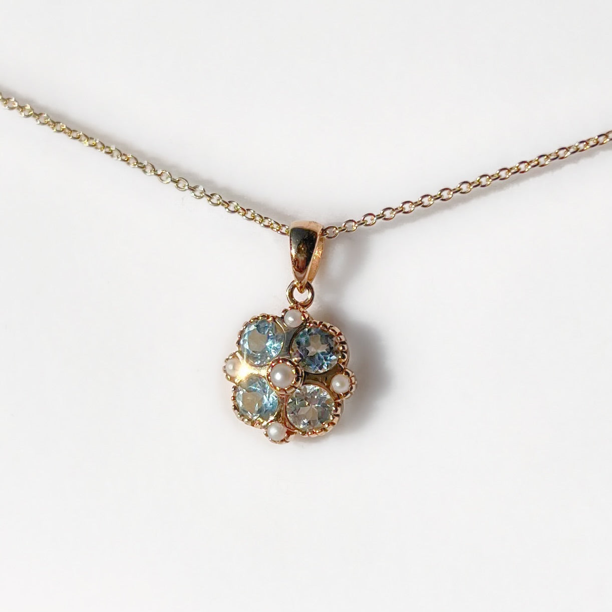 Aquamarine and Seed Pearl 9ct Yellow Gold Necklace